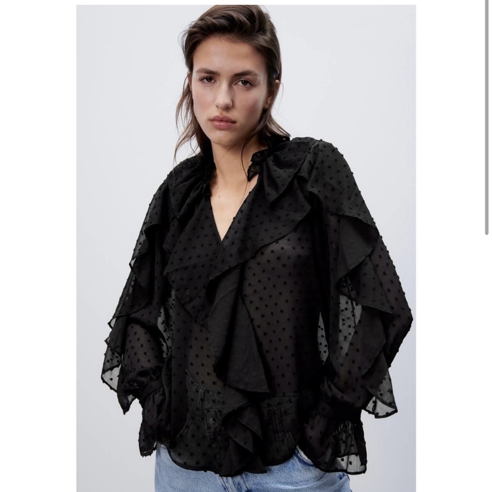 BNWT XL Zara Swiss Dot Ruffle Blouse
